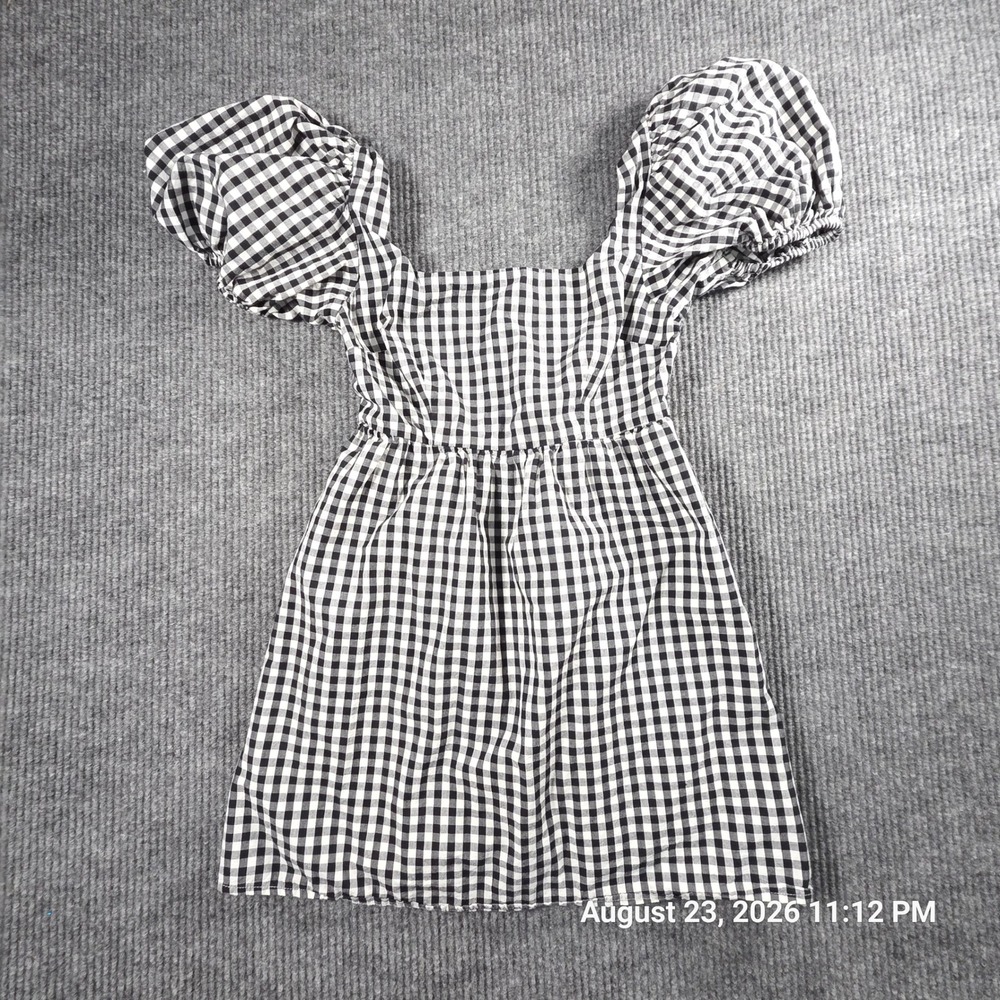 Abound Womens Gingham Puff Sleeve Mini Dress Black White Smocked Back XS
